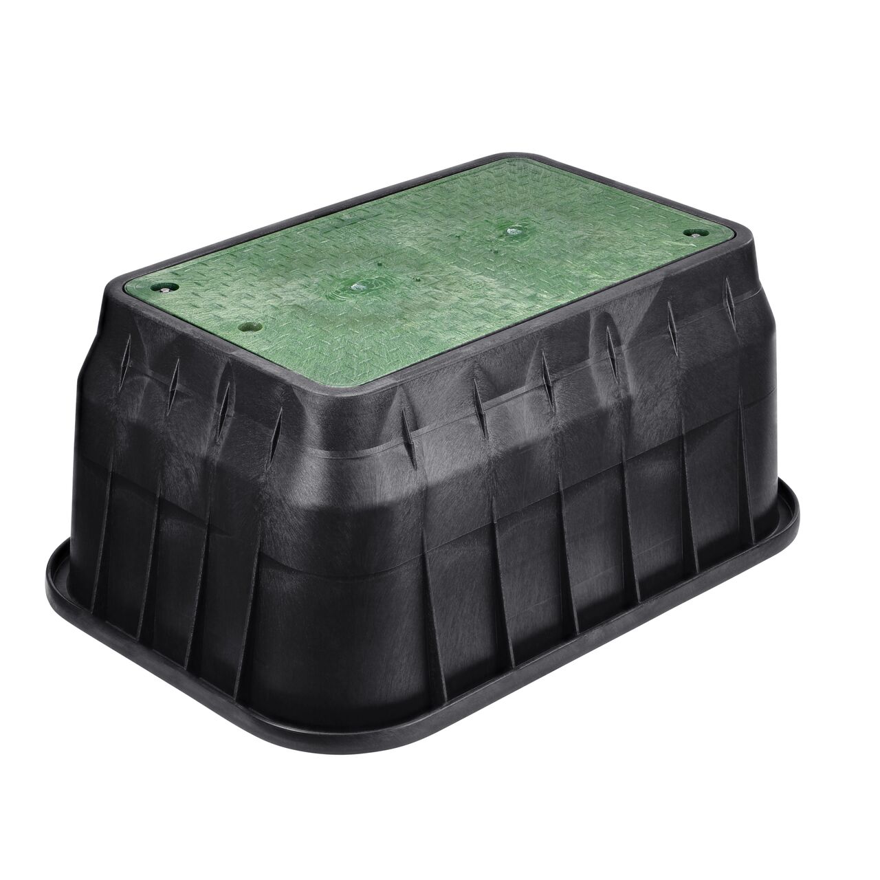 The NDS 17 in. X 30 in. Rectangular Pro-Spec® Series Valve Box and Cover with bolts is a 18 in. high Black Box and Green Cover with Irrigation Control Valve markings on the drop-in cover (NDS 326BCDB-BG) and protects underground irrigation and sprinkler system components and keeps them out of sight