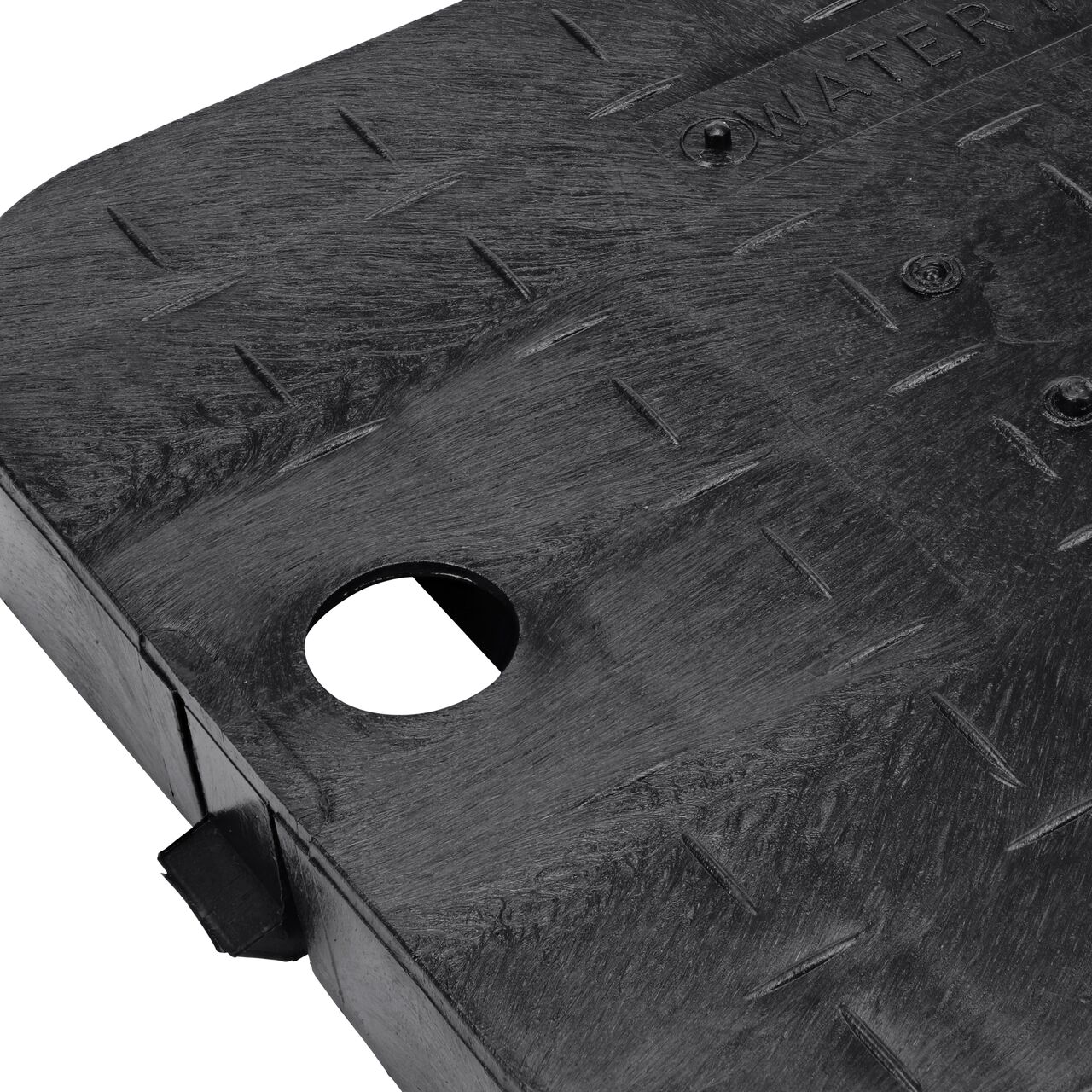 Closeup view of the 2 in. touch reader hole on the Black Water Meter Drop-in AMR cover (NDS D1200-DITRL) for the NDS 14 in. X 19 in. Rectangular Standard Series Meter Box