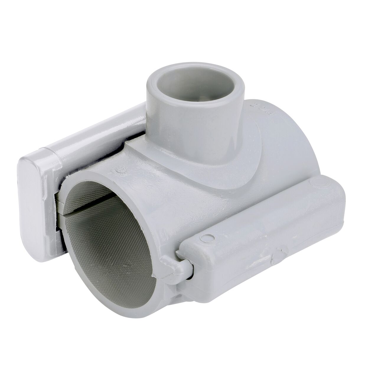 The NDS Clamp-It™ Rigid PVC Saddle with 1 in. slip connection on top (NDS 432010) for 2 in. PVC pipe has a patented wedge design on one side and hinge on the other to install a sprinkler irrigation system to existing pipe without any bolts