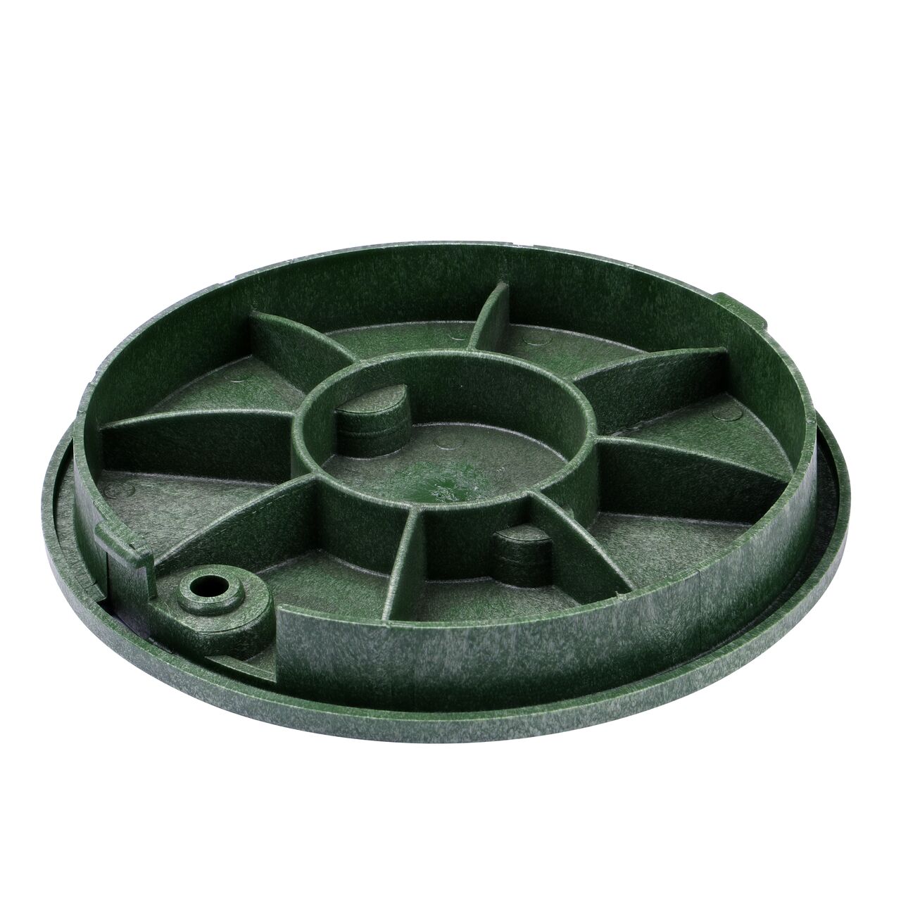 Bottom view of the reinforced ribs on the NDS 10 in. green water cover (NDS 111CW) that fit the NDS 10 in. Standard Series Valve Box