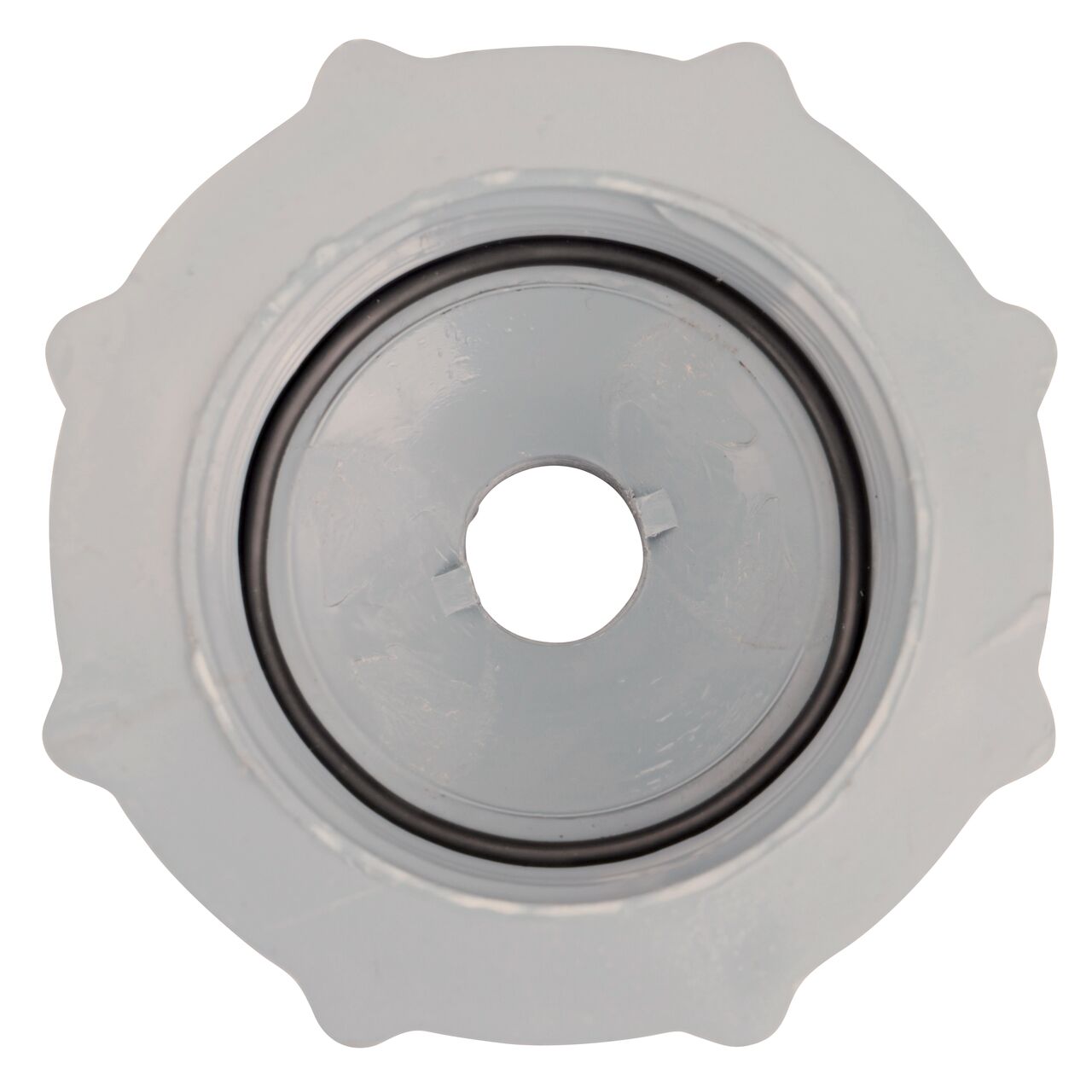Top down view of the inside of the NDS Gray 2-1/2 in. FPT X 3/4 in. FPT Fire Hydrant Cap (NDS 23-25T) which fits 2-1/2 in. hydrant outlets securely with an EPDM O-ring