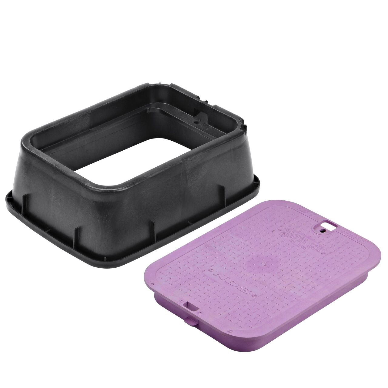 Unassembled View of the NDS 14 X 19 in. Black Rectangular Standard Series valve box Tapered Extension and Purple Reclaimed Water Overlapping cover (NDS 115TBCR)