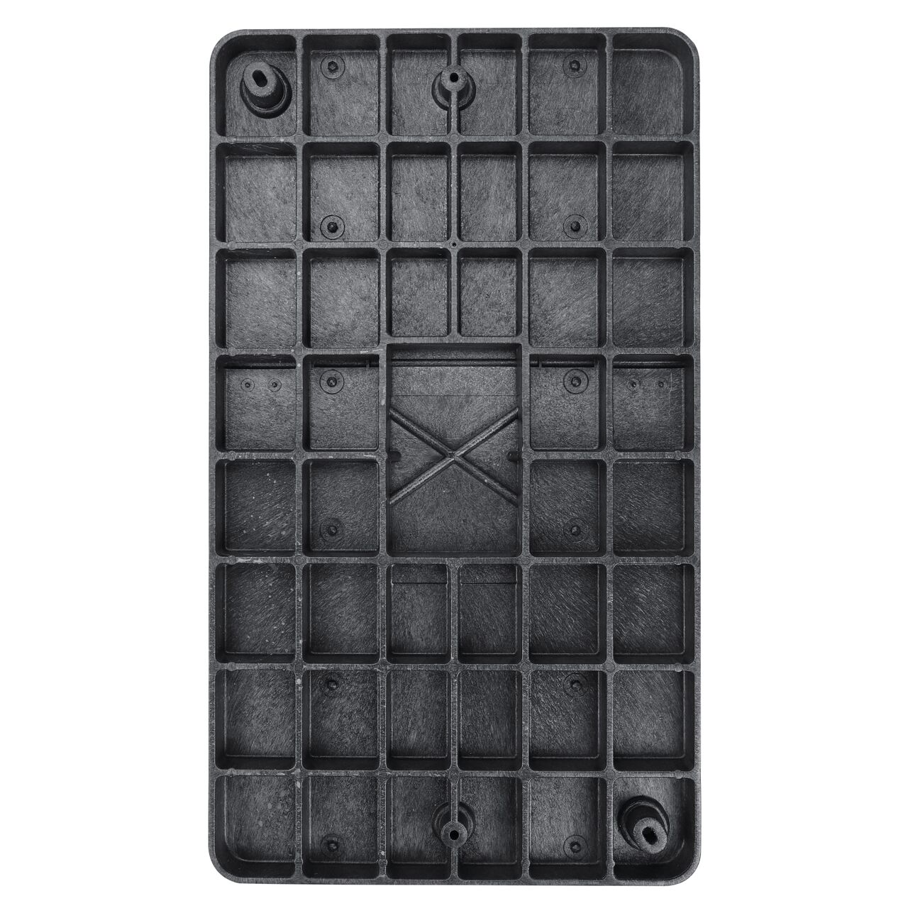 Top down view of the underside side of the Black Water Meter cover (NDS 124BCDWB) for the NDS 17 in. X 30 in. Rectangular Pro Series Meter box, showing reinforcing ribs that are load rated to withstand pedestrian traffic and the rigors of lawn care equipment