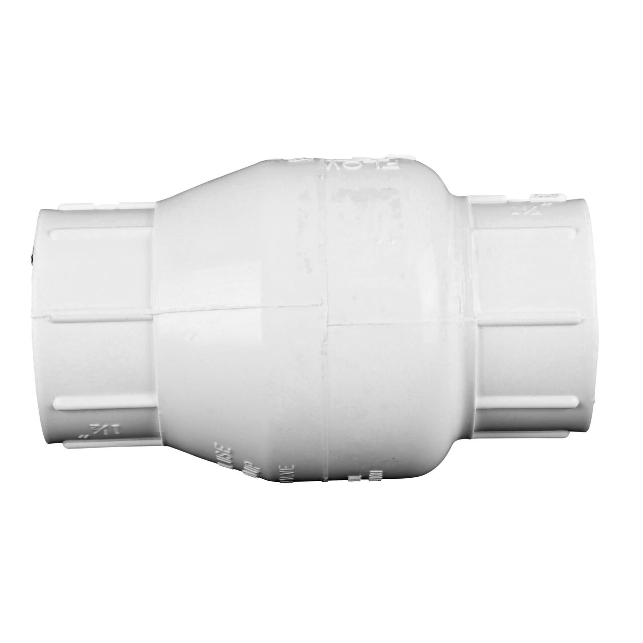 Side to side view of the NDS White 1-1/2 in. female end by female end PVC Swing Check Valve (NDS 1520-15F) which prevents backflow in pipelines