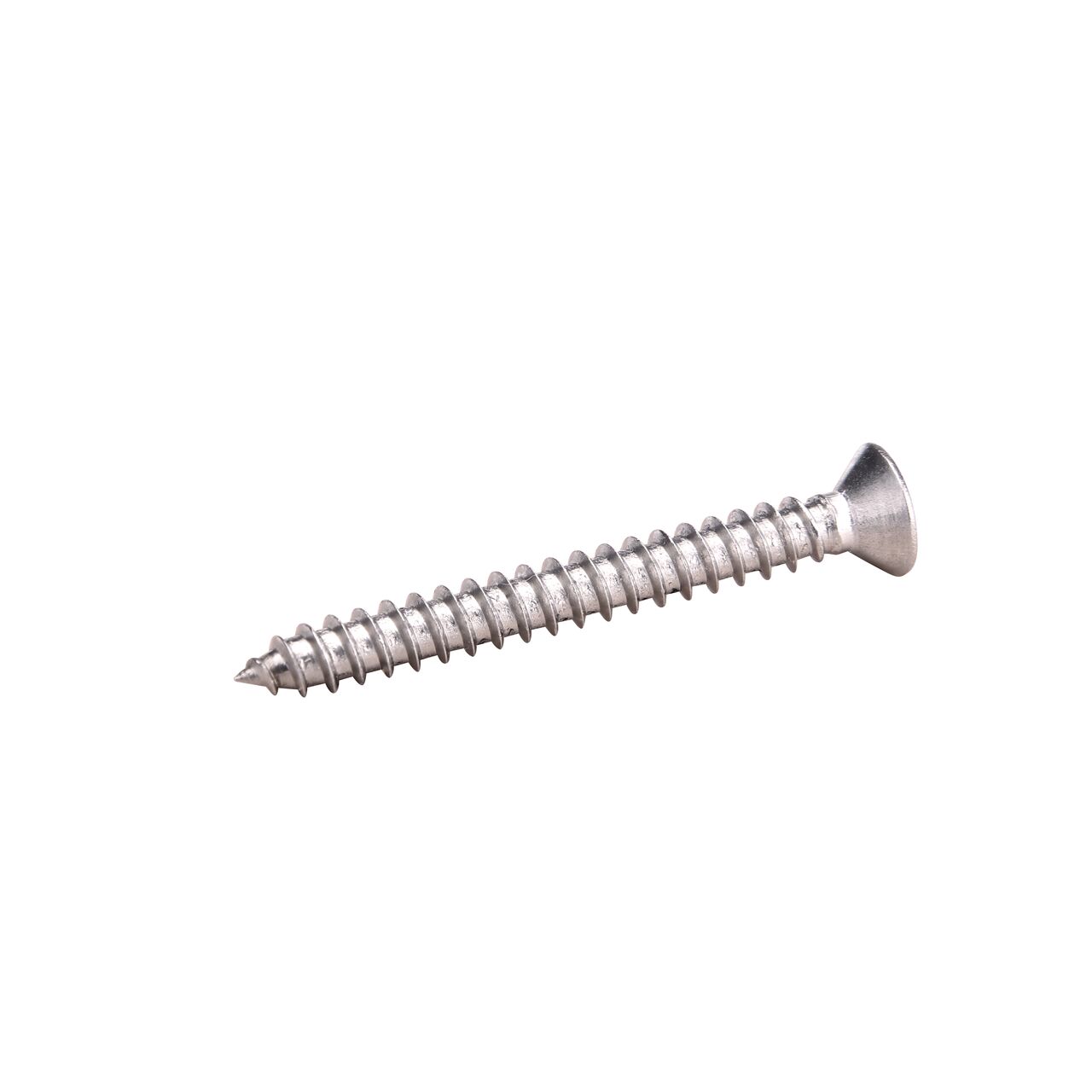 Closeup of the threads of stainless steel #4 X 1 in. Phillips Flat Head Screw (NDS 846)