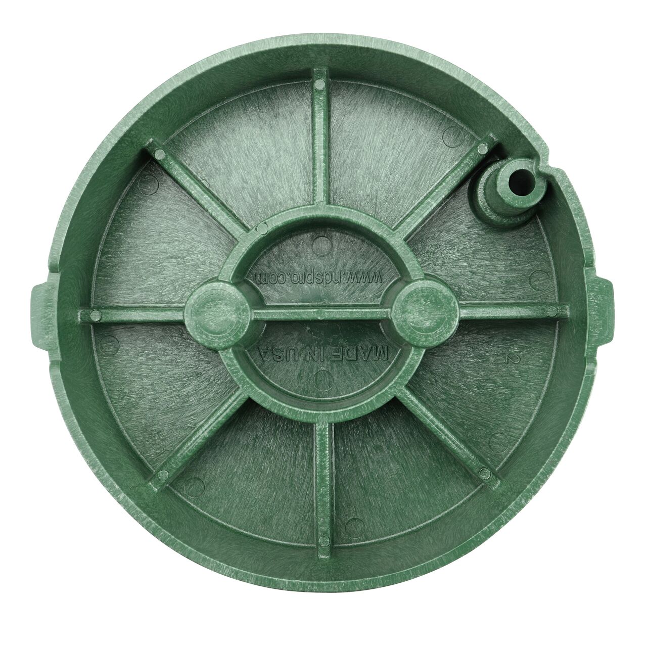 Top down view of the underside side of the Green Sewer cover for the NDS 10 in. Round Pro-Spec® Series (NDS 312BCBS) showing reinforcing ribs that are load rated to withstand pedestrian traffic and the rigors of lawn care equipment