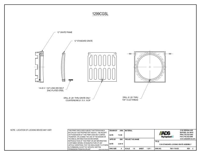 12" Standard Locking Grate Assembly Nyloplast Detail