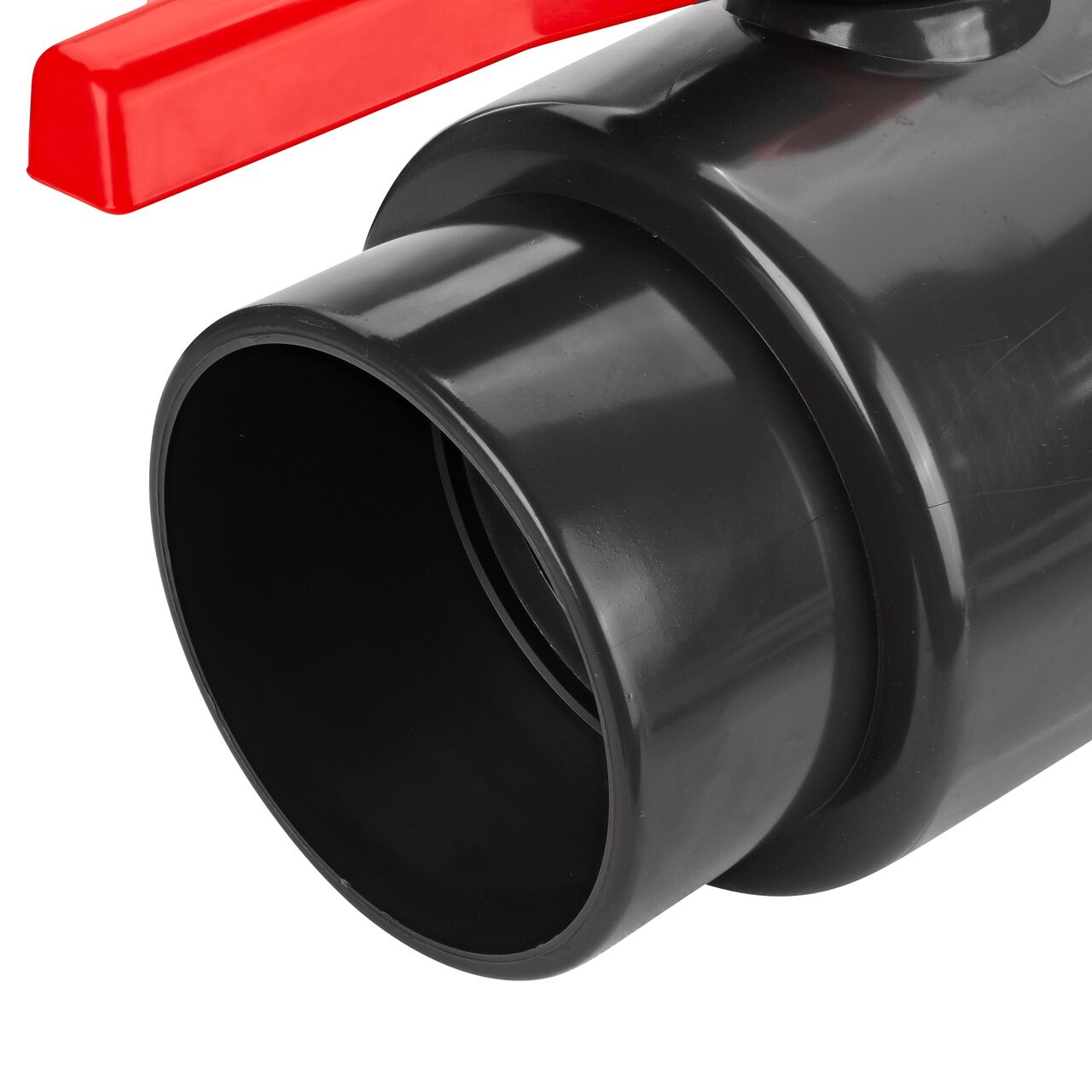 Closeup of the NDS IPS Ball Valve showing the stem that is made of durable PVC material (NDS E1610-60)