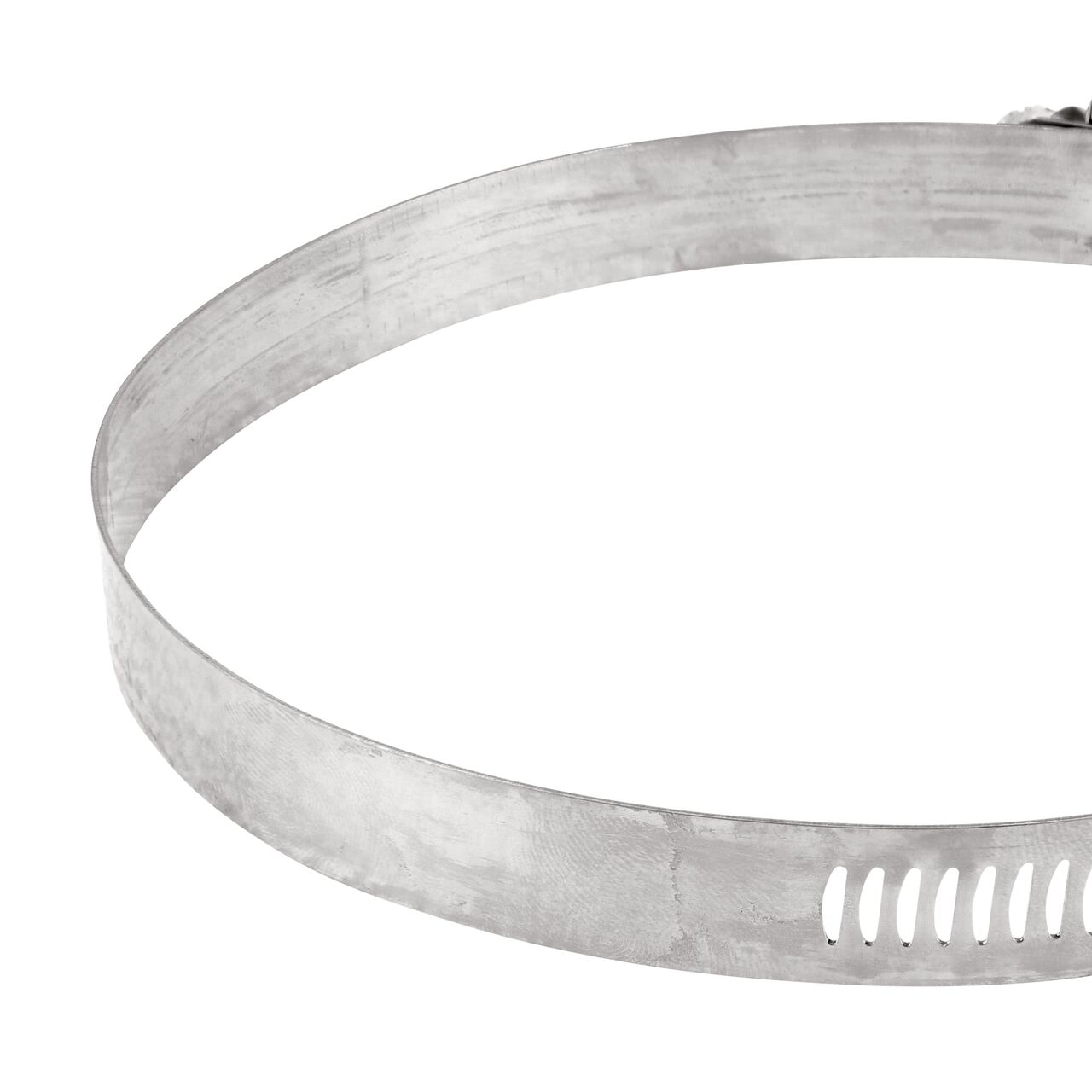 Closeup view of the arcial perforated slots in band for added strength and smoother engagement on the NDS SAE 64 Worm Drive Hose Clamp with Aero Seal 1/2 in. band width (NDS 64064H)