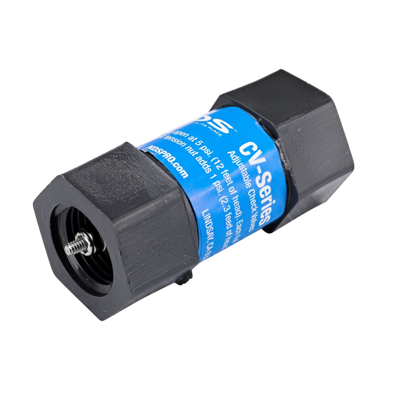 NDS Gray 1/2 in. IPS FPT X FPT PVC Adjustable Inline Spring Check Valve (NDS CV-0500-FF) has a nut on end to adjust the 5 lb spring tension