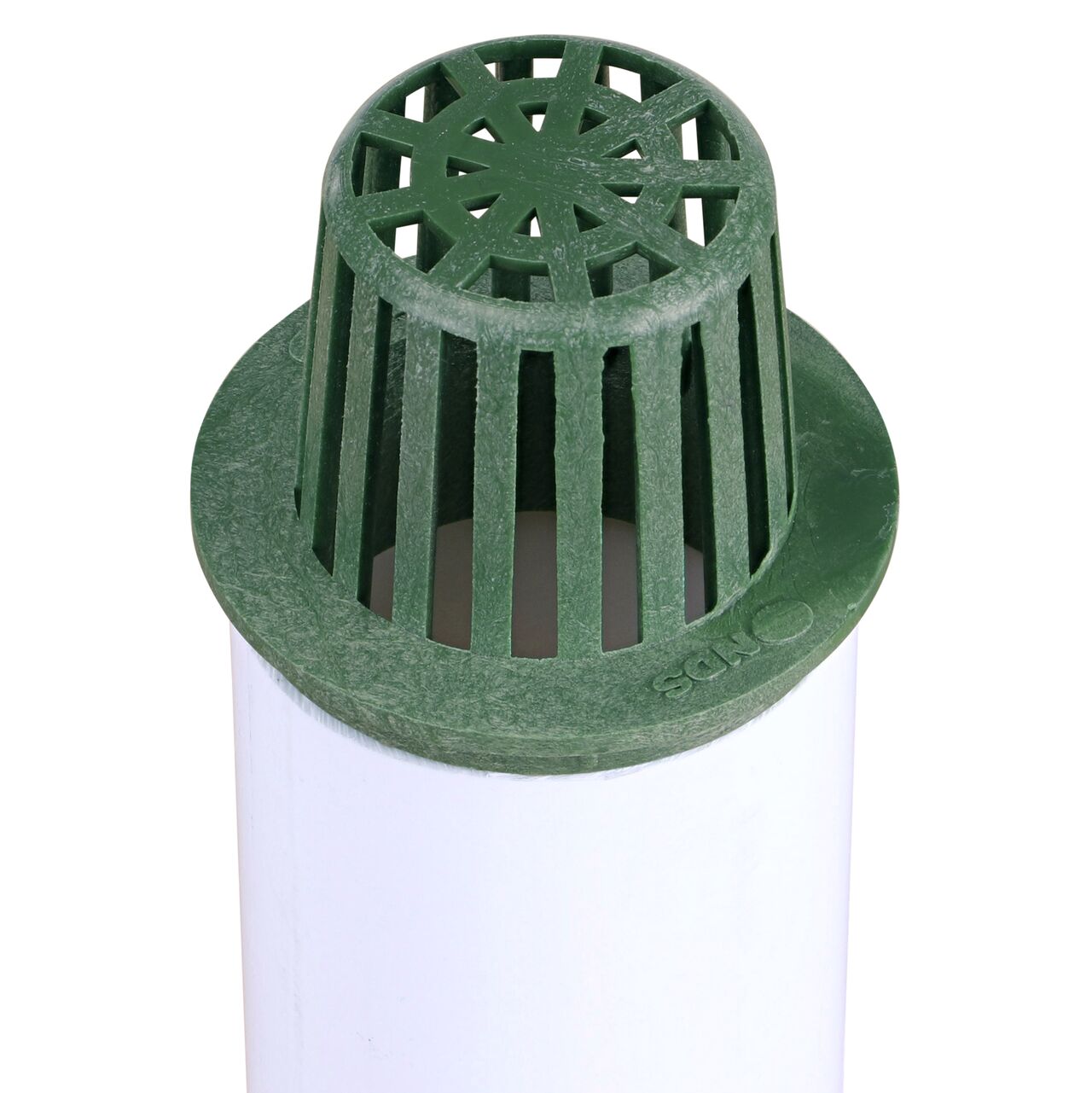 Bottom view of NDS  5 in. Pro Series Channel Drain featuring side ribs, stabilizing ribs, and built-in saw guide (NDS 864G*, NDS M864G, NDS 864GMTLRTL, NDS 864, NDS 800)