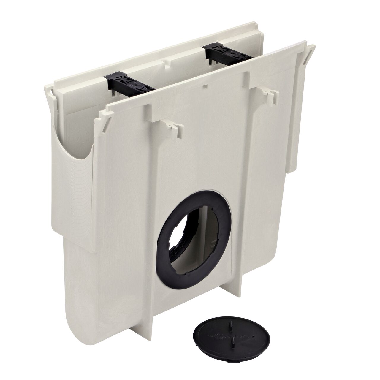 Unassembled view of the NDS Dura Slope InLine Catch Basin with outlet adapter plug (NDS DS-340)