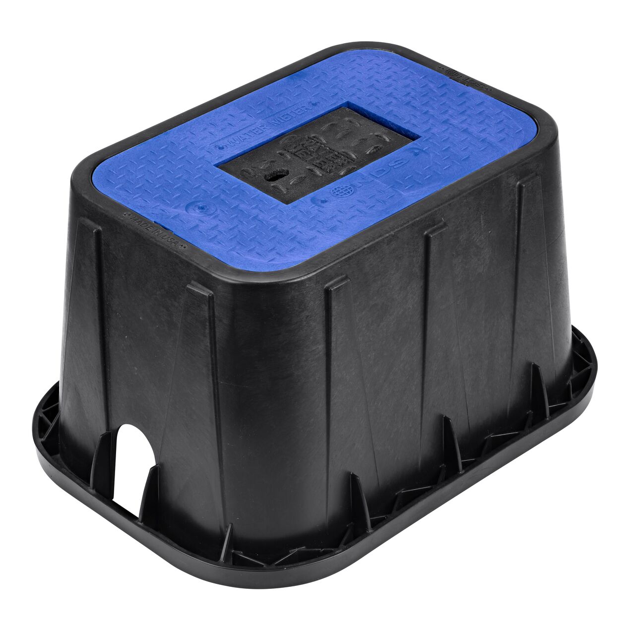 The NDS 14 in. X 19 in. Rectangular Standard Series Meter Box and Cover is a 12 in. high Black box and Blue cover with Water Meter markings on the Drop-In lid (NDS D1200-DICIRBLU) with a Cast Iron reader door and protects underground irrigation and water meter components and keeps them out of sight