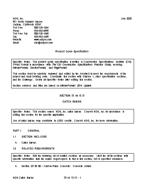 NDS Catch Basins & Grates Written Spec