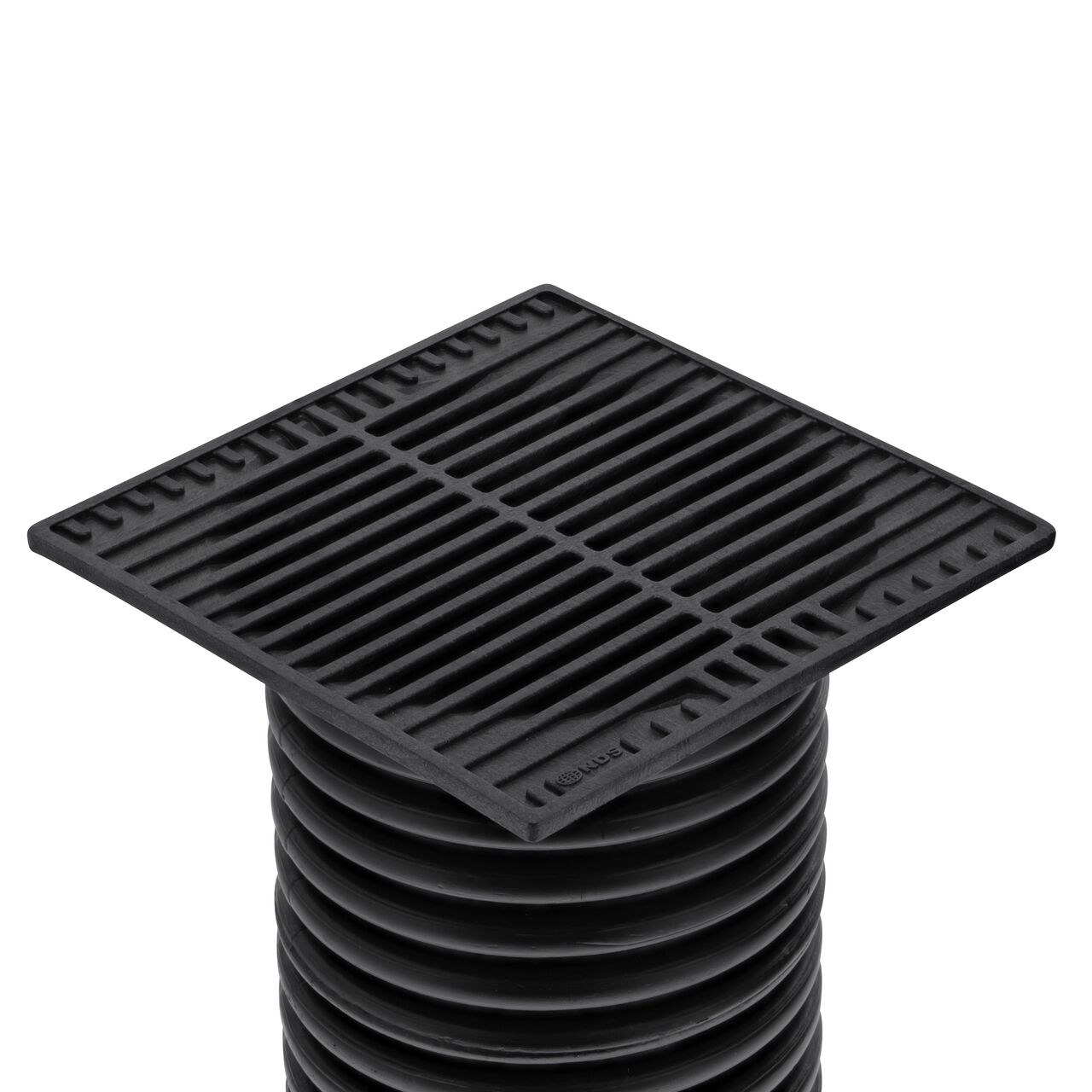 NDS 9 in. Square Grate installed on 6 in. Single-Wall Corrugated Pipe (NDS 970*, NDS 970)