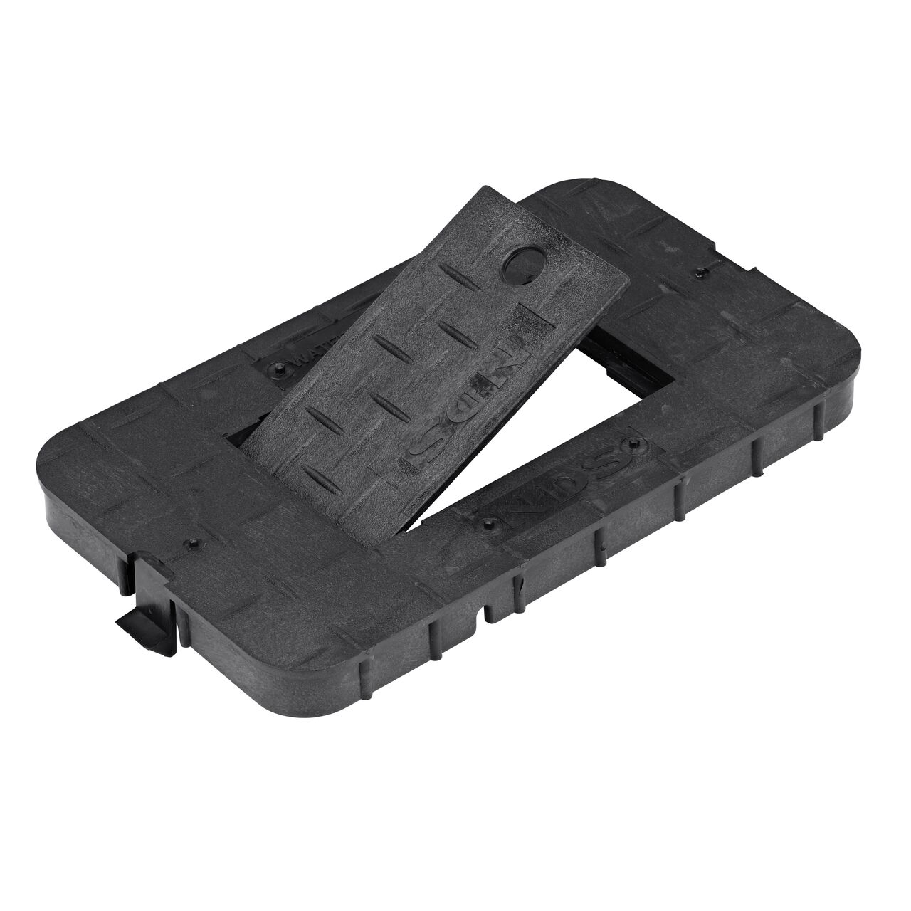 The hinged side of the plastic reader door on the NDS 10 in. X 15 in. Rectangular Standard Series Meter Box & Water Meter Cover (NDS D1000-RBL)