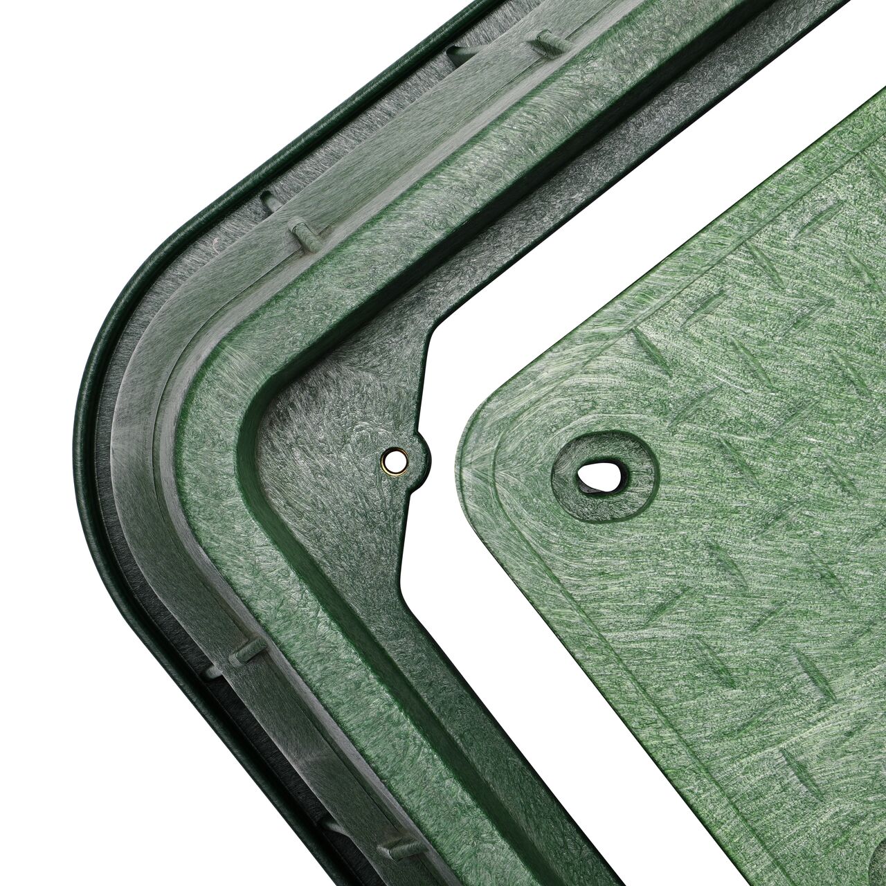 Align the bolt hole on the lid with the bolt hole from the NDS 17 in. X 30 in. Rectangular Pro-Spec® Series Green Box and drop-in Green Irrigation Control Valve Cover (NDS 326BCDB) for a secure fit