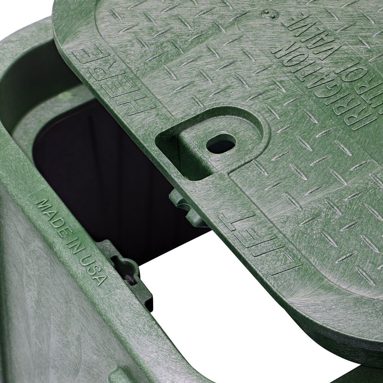 Align the bolt hole on the lid with the universal locking mechanism hole from the NDS 14 in. X 19 in. Rectangular Pro-Spec® Series Green Box and Green Irrigation Control Valve Cover (NDS 314BCB) for a secure fit
