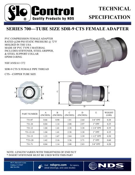 NDS Flo-Lock™ PVC Gripper Adapter for SDR-9 CTS X FPT Pipe Tech Spec