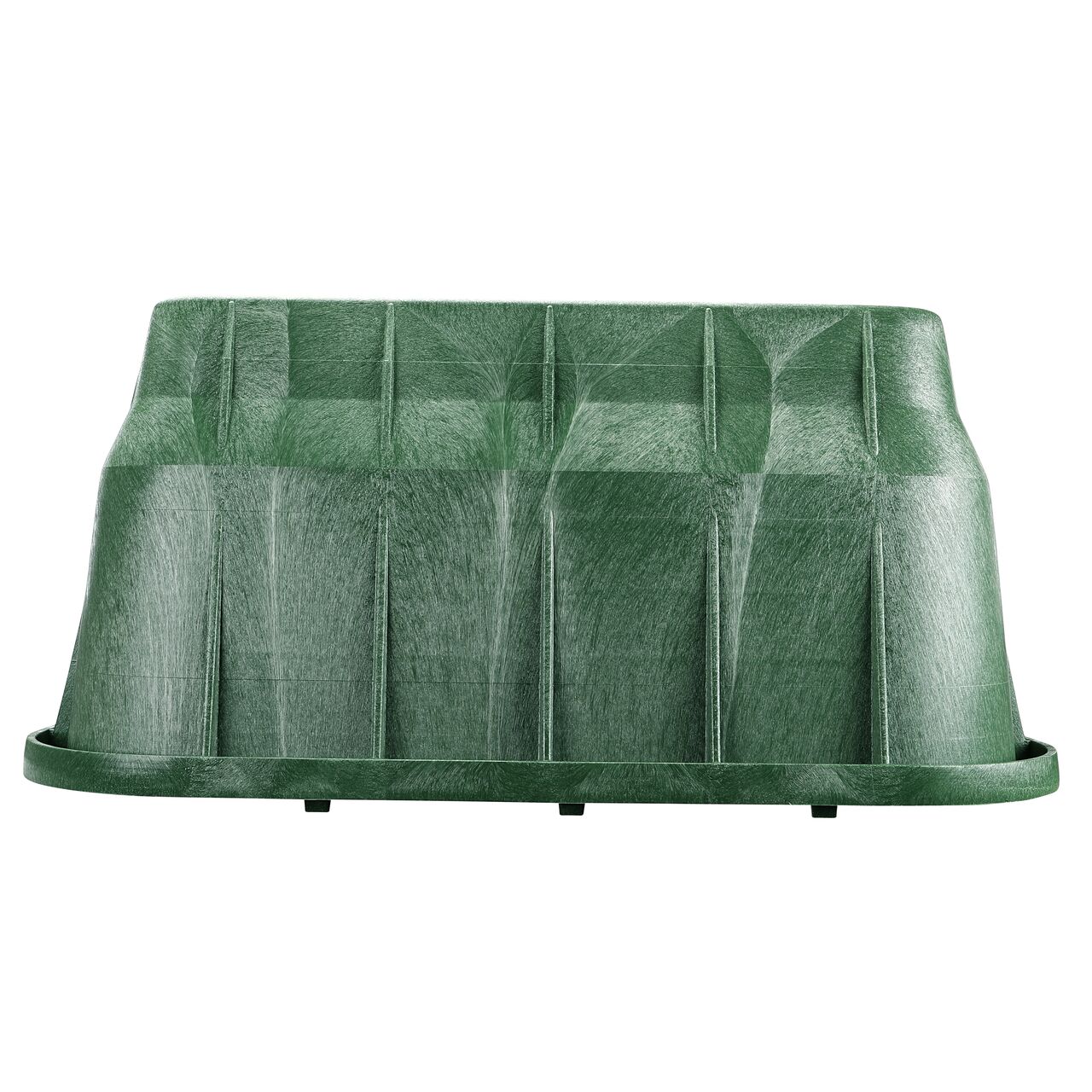 Side view of the longer side on the NDS Green plastic 13 in. X 24 in. Rectangular Pro-Spec® Series Valve Box (NDS 322B) showing durability through the reinforced ribs and edging