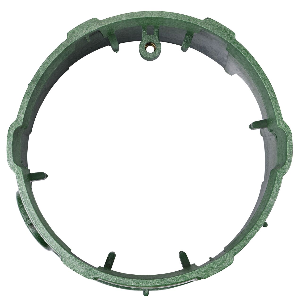 Top down view of the inside of the durable Green plastic 10 in. Round Pro-Spec® Series Valve Box (NDS 312B) showing bolt hole on one side and universal locking mechanism on the other