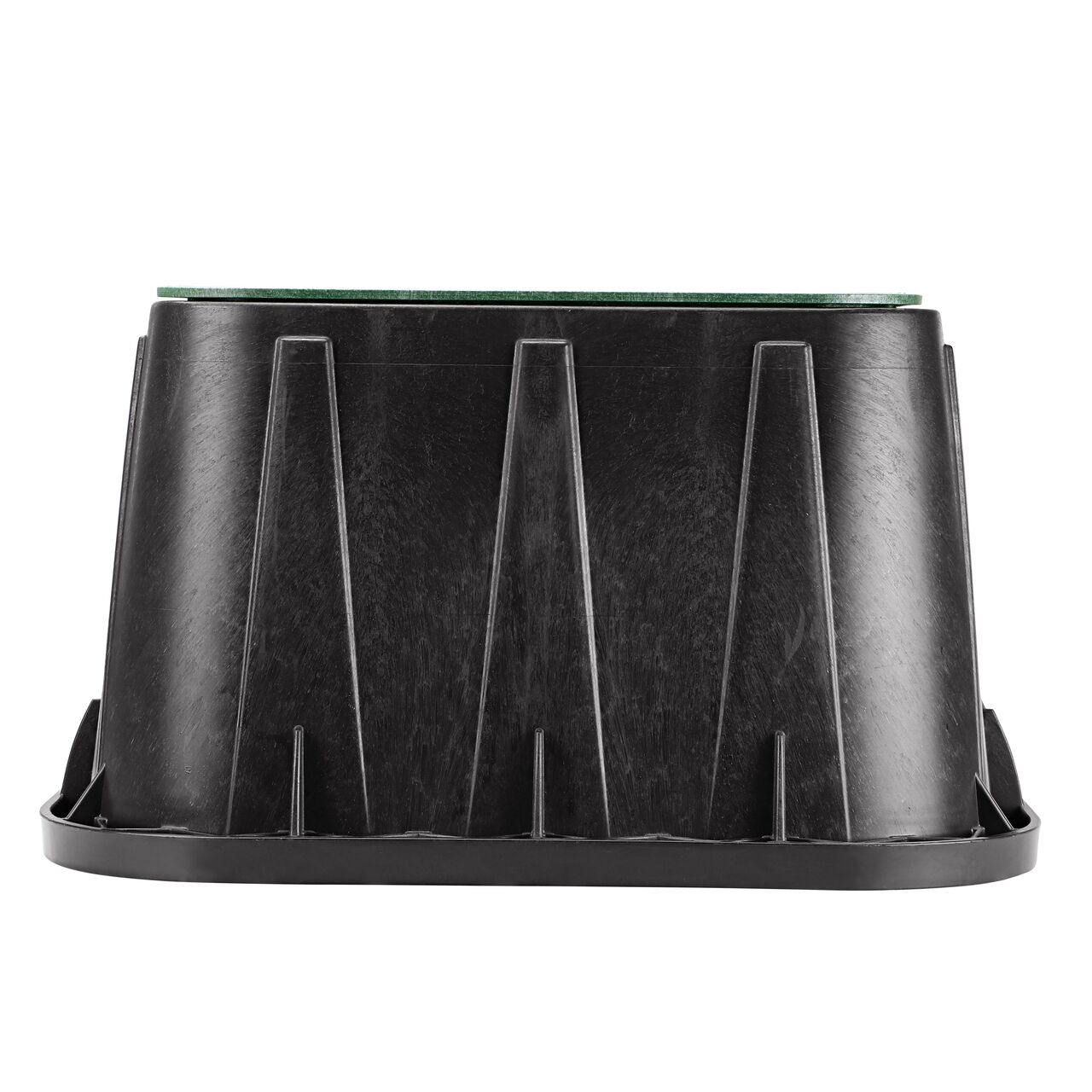 Side view of the longer length side of the NDS 14 in. X 19 in. Rectangular Pro-Spec® Series Valve Box & Irrigation Control Valve Cover (NDS 313BC) which is engineered for superior strength with structural reinforcing ribs