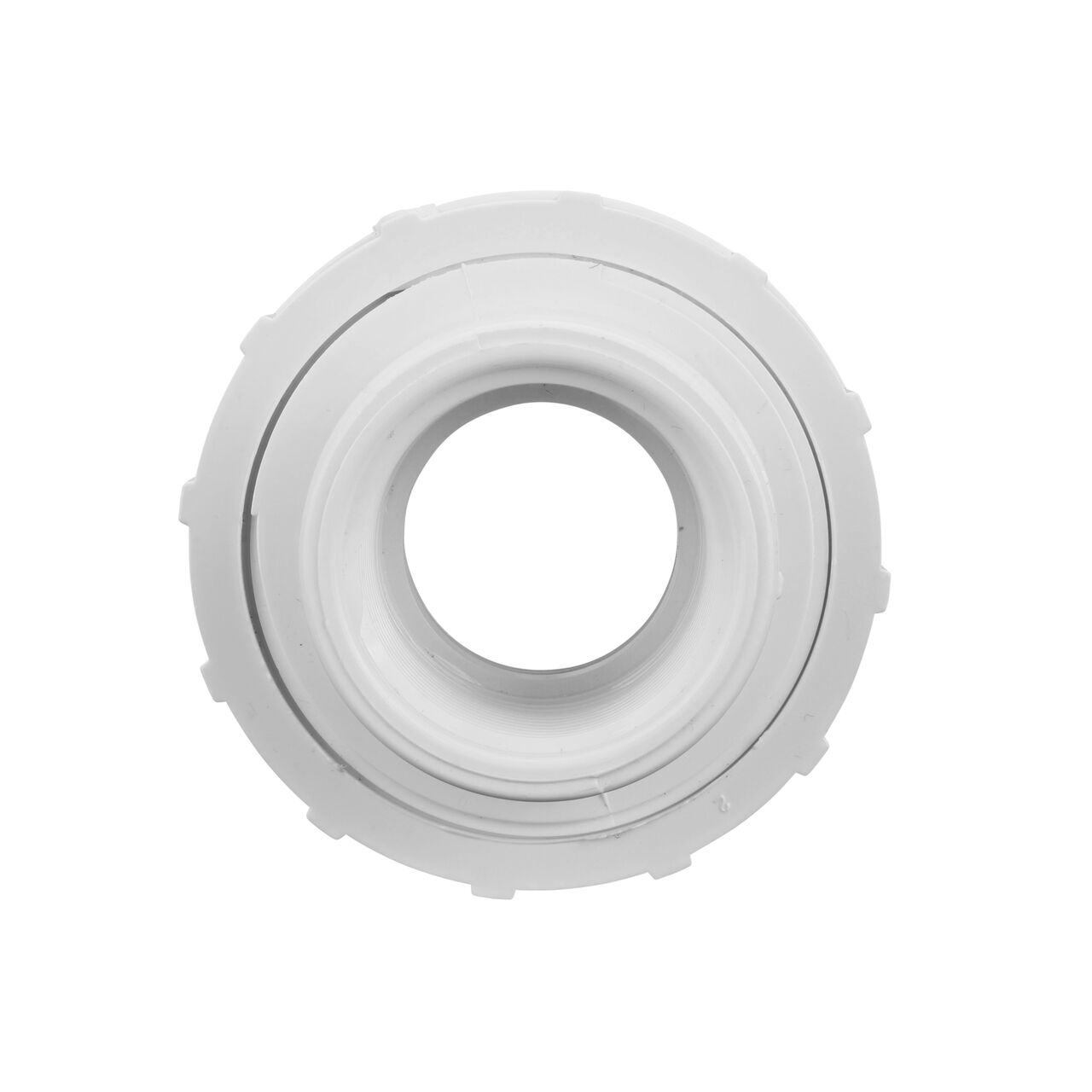 The inside of the PVC Union, 1-1/4 in. Sch. 40 FPT X FPT which allows water to flow through while preventing leaks and made of durable PVC plastic (NDS WU-1250-T)