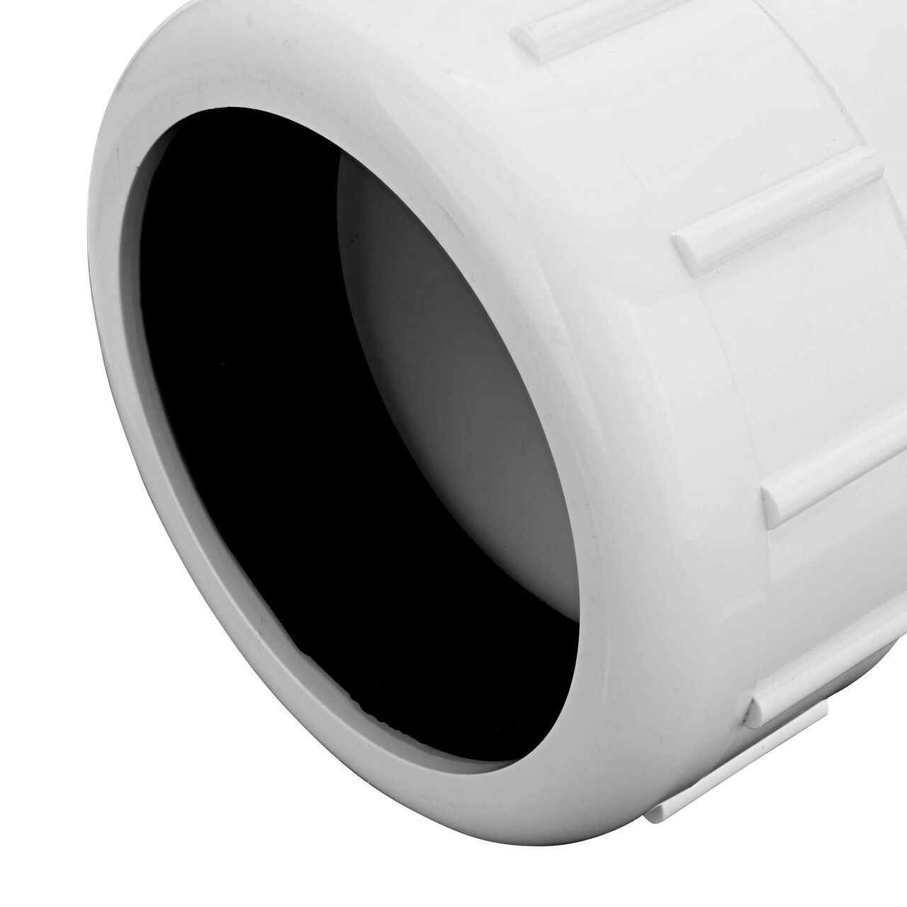 Closeup view of the NDS IPS UC Compression Coupling showing the 4 in. compression end with adjustable nut secured which reduces pull-out from pipe (NDS CPC-4000)