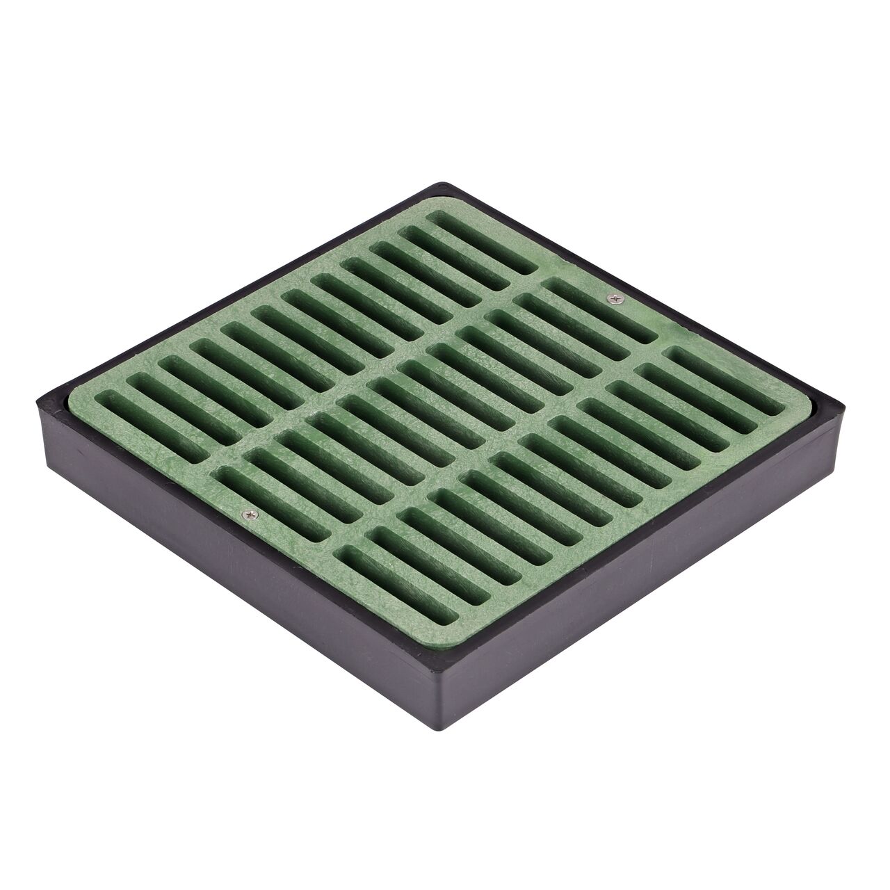 9 in. Square Low-Profile Adapter, Fits 3 in. to 8 in. Drain Pipes with Outlet Adapter (sold separately) (NDS 930) with a 9 in. Square Catch Basin Drain Grate, Green Plastic (NDS 990) installed