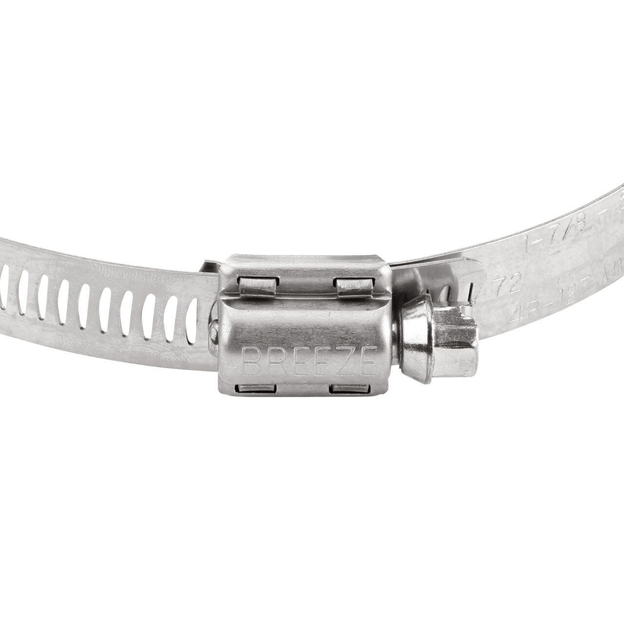 Closeup view of the two-piece clamp housing made of Series 300 Stainless Steel on the NDS SAE 72 Worm Drive Hose Clamp with Aero Seal 1/2 in. band width (NDS 64072H)
