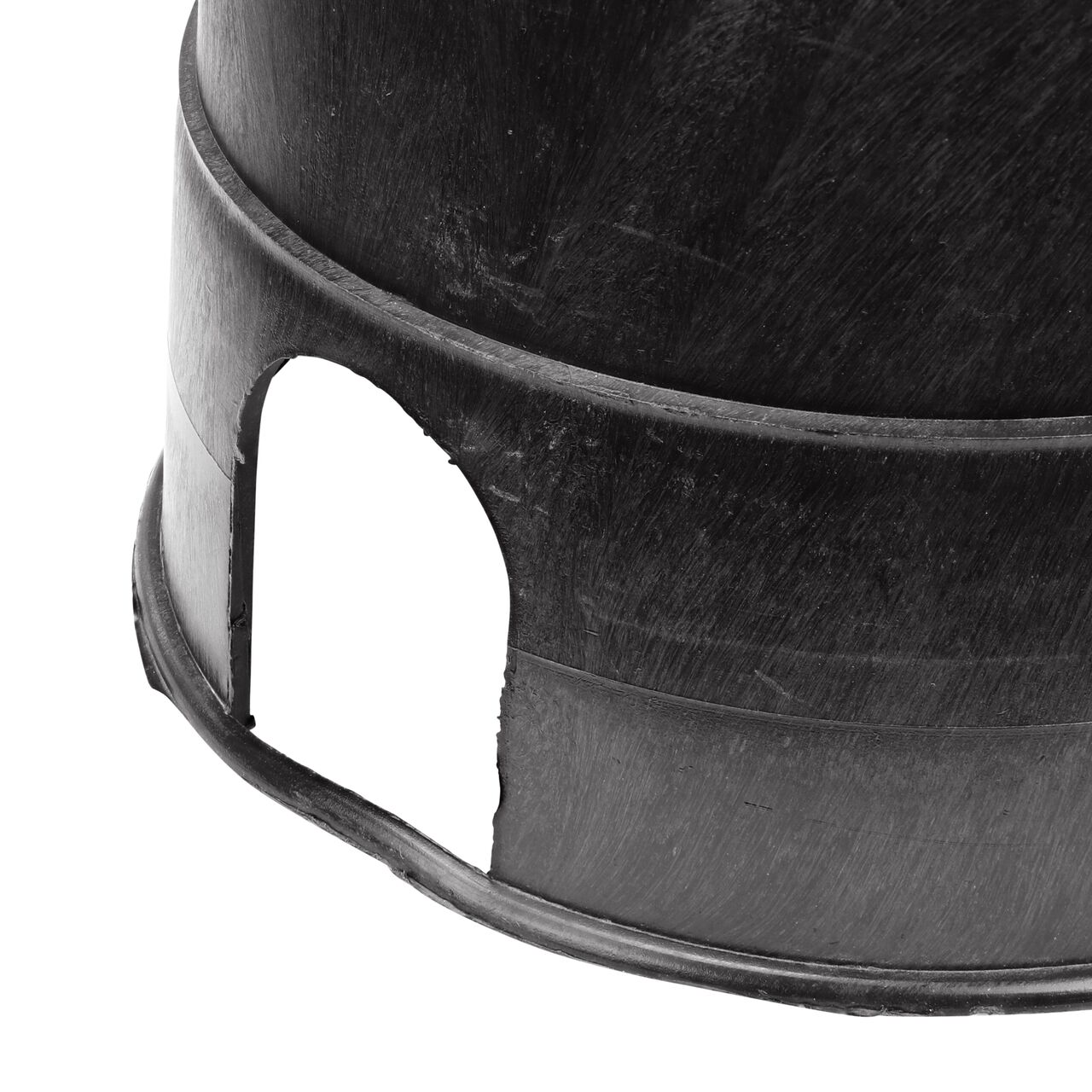 Closeup view of the pipe hole on the Black NDS 8 in. X 12 in. Oval Standard Series Valve Box (NDS M2-SG) for water and irrigation pipe connections