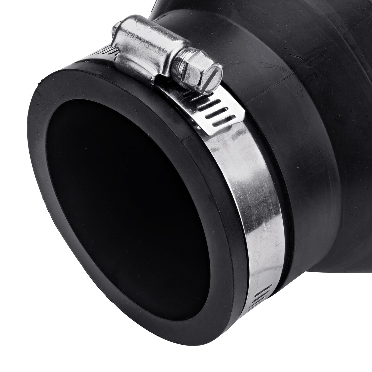 Closeup view of the small end on the NDS 3 in. X 2 in. flex coupling connects two cast iron/sewer and drain or DWV/copper/steel/lead pipes (NDS 56-32)