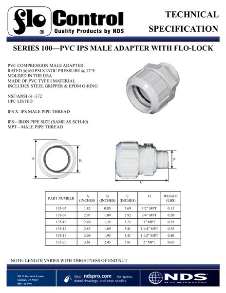 NDS Flo-Lock™ PVC Gripper Adapter IPS MPT Tech Spec