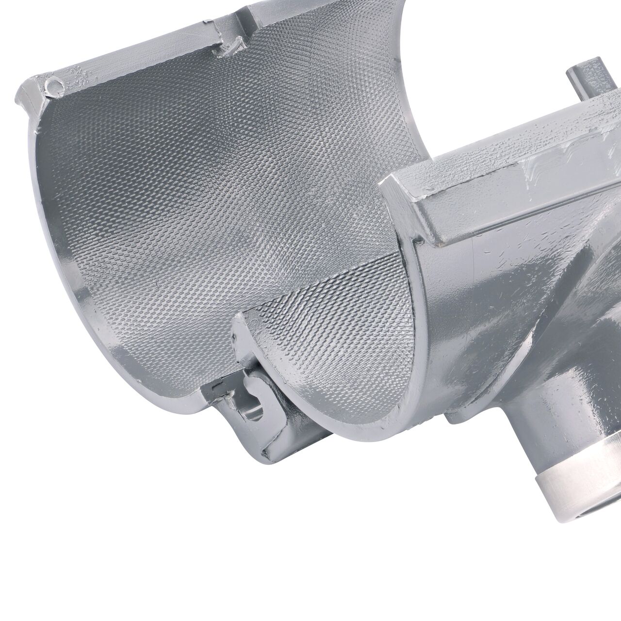 Closeup of the hinge open on the NDS Clamp-It™ Rigid PVC Saddle with 2 in. slip connection on top (NDS 453020) for 3 in. PVC pipe