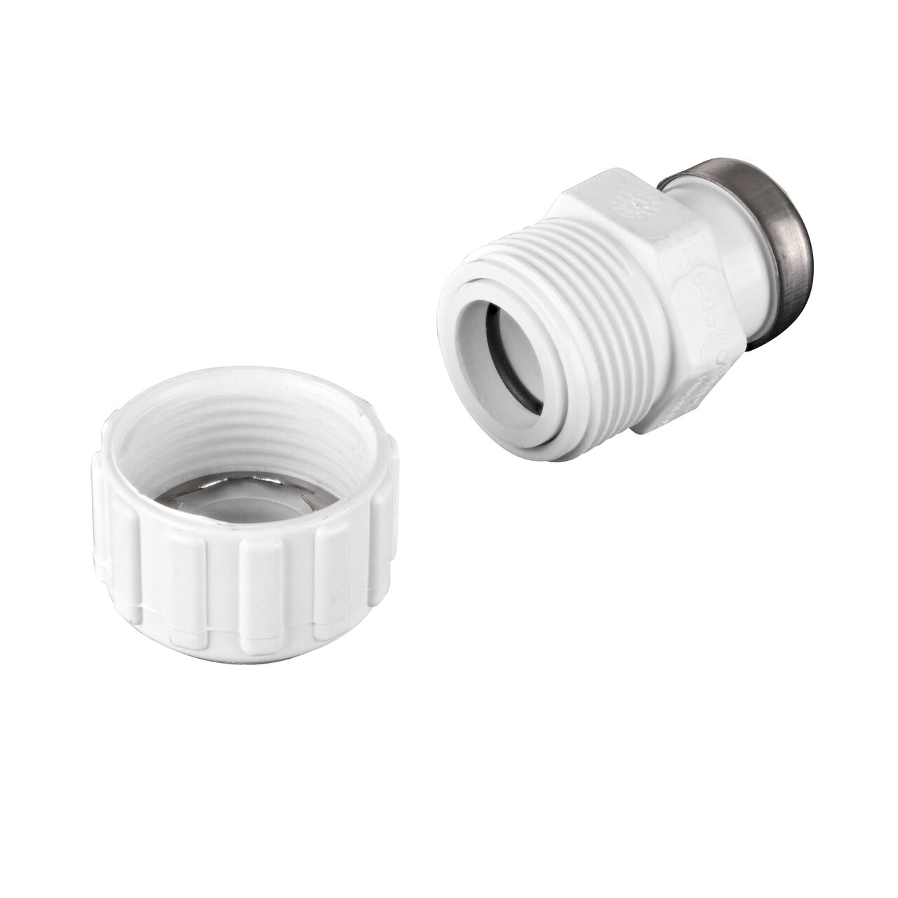 Unassembled NDS 1/2 in. FPT Flo-Lock™ Gripper Adapter showing where the two ends come apart to secure the adapter to the pipe (NDS 136-05)