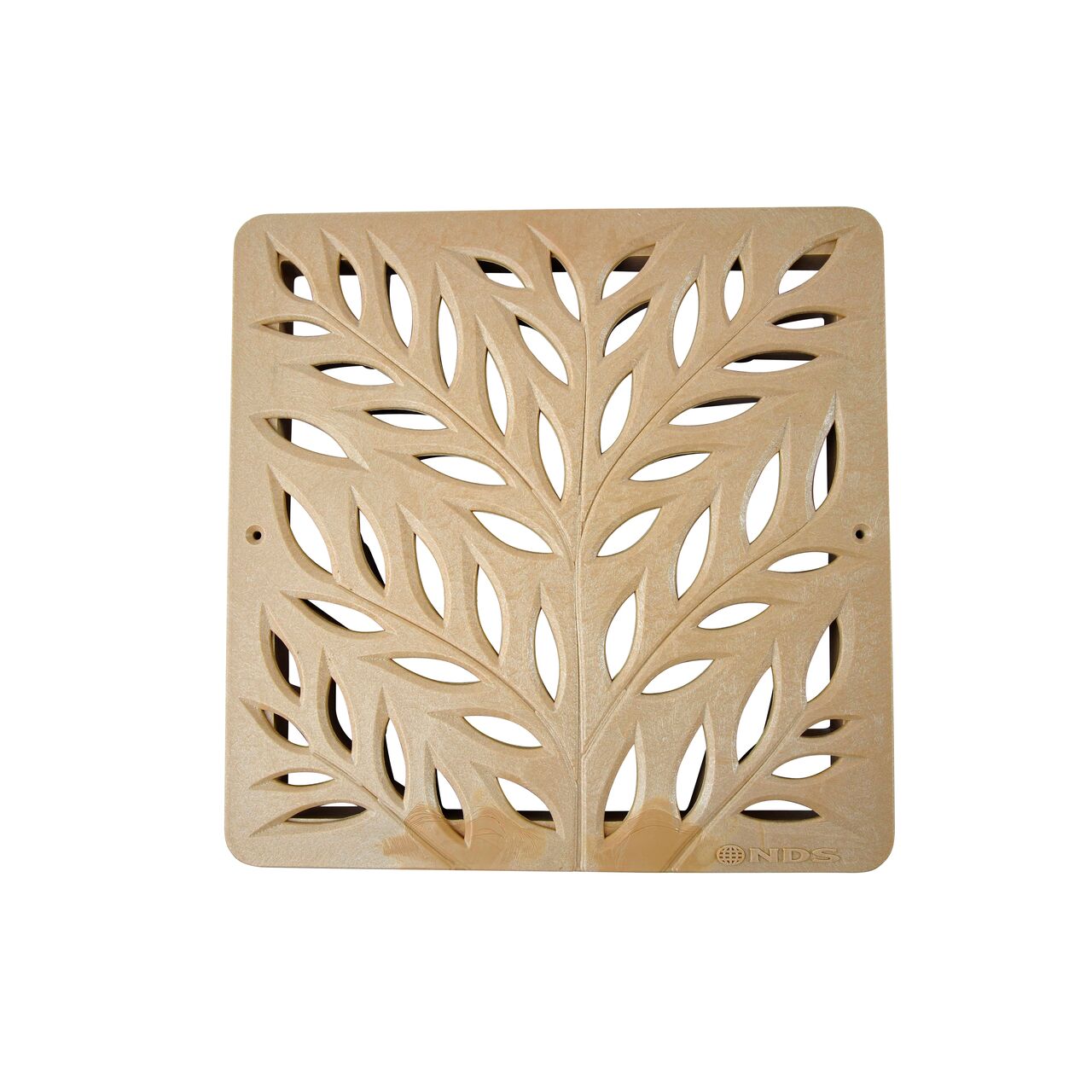 Alternate top down view of NDS 12 in. Square Catch Basin Drain Grate, Decorative Botanical Design, Sand Plastic (NDS 1218S) showing grate design