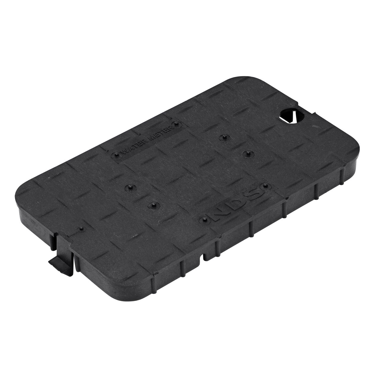 This NDS 10 in. X 15 in. Rectangular Meter Series Box Cover is a Black Drop-in Cover with Water markings on the lid (NDS D1000-SBL) and fits NDS standard series 10 in. X 15 in. valve boxes