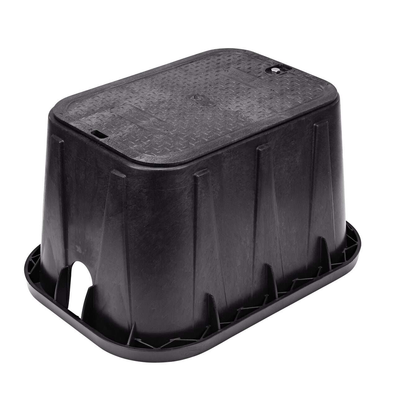 The NDS 14 in. X 19 in. Rectangular Pro-Spec® Series Valve Box and Cover with Bolt is a 12 in. high Black Box and Black Cover with Water markings on the lid (NDS 313BCBWBLK) and protects underground irrigation and sprinkler system components and keeps them out of sight