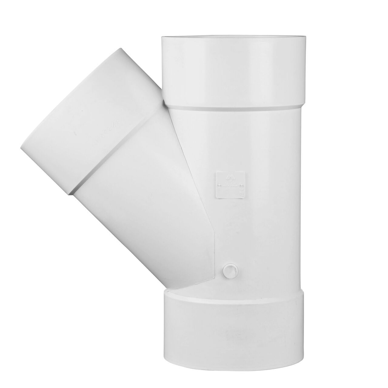 Side view of the NDS PVC 45 degree wye for 8 in. Sewer and Drain pipes, with 8 in. Hub X Hub X Hub connection (NDS 8P08)