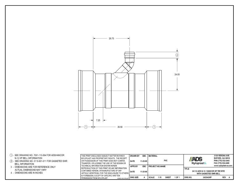 24 x 6 HP Tee Wye with Gasketed SWR Bell Nyloplast Detail