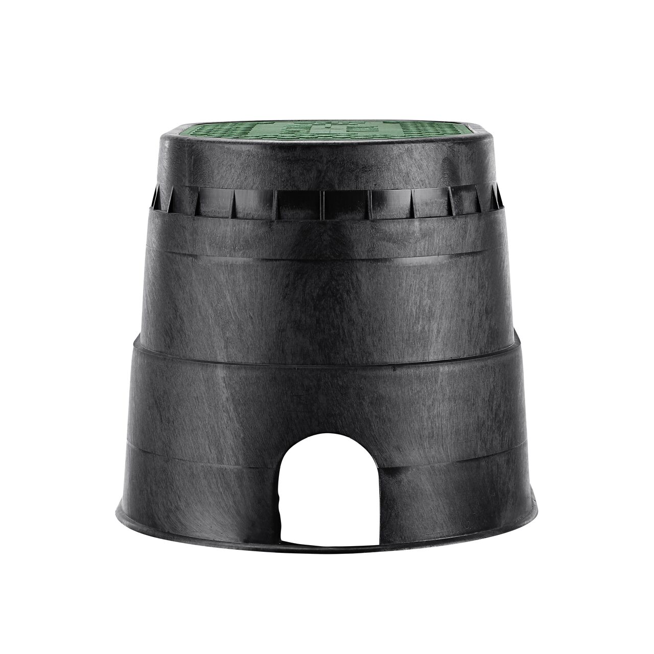 Side view of the shorter width side of the NDS 8 in. X 14 in. Oval Standard Series Valve Box & Control Valve Cover (NDS M4-SG) rugged enclosure for water and irrigation pipe connections