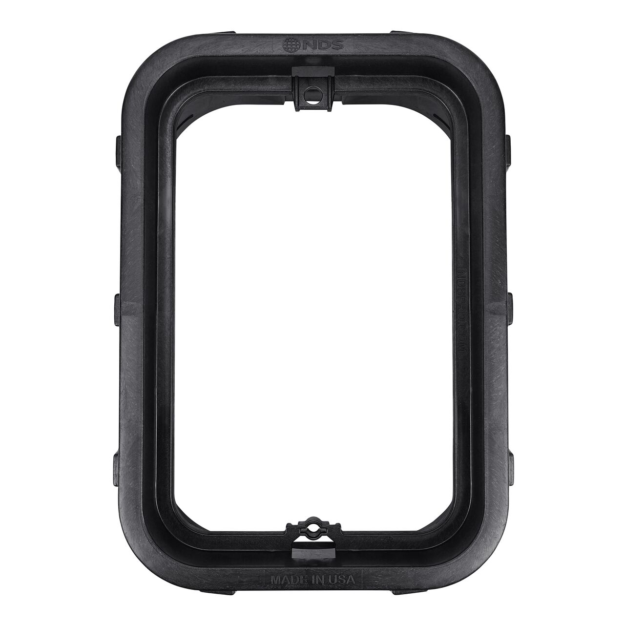 Top down view of the inside of the durable Black plastic 14 in. X 19 in. Rectangular Pro-Spec® Series Valve Box (NDS 314BBLK) showing the universal locking mechanism, which allows a variety of bolts and screws to be used to secure the covers