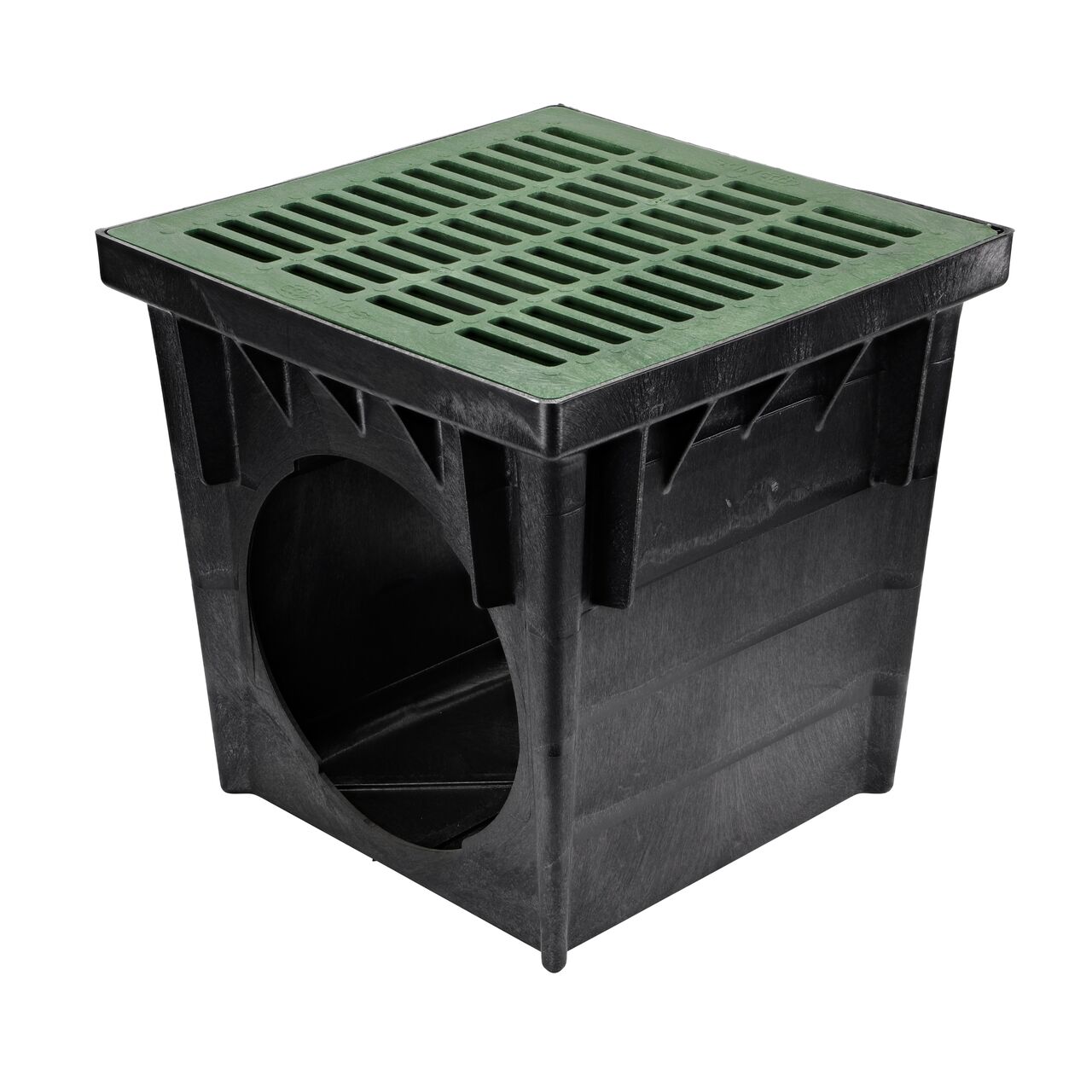 Alternate view of Black plastic 24 in. Square Catch Basin Drain with 2 Openings (NDS 2400) drains water away through attached pipes, with a green grate (NDS 1812) installed on top which drains water away through attached pipes
