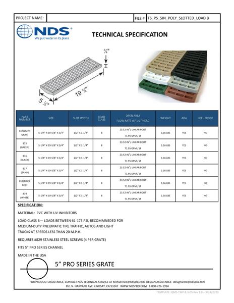 NDS 5 in. Pro Series™ Channel Drain Grate Plastic Tech Spec
