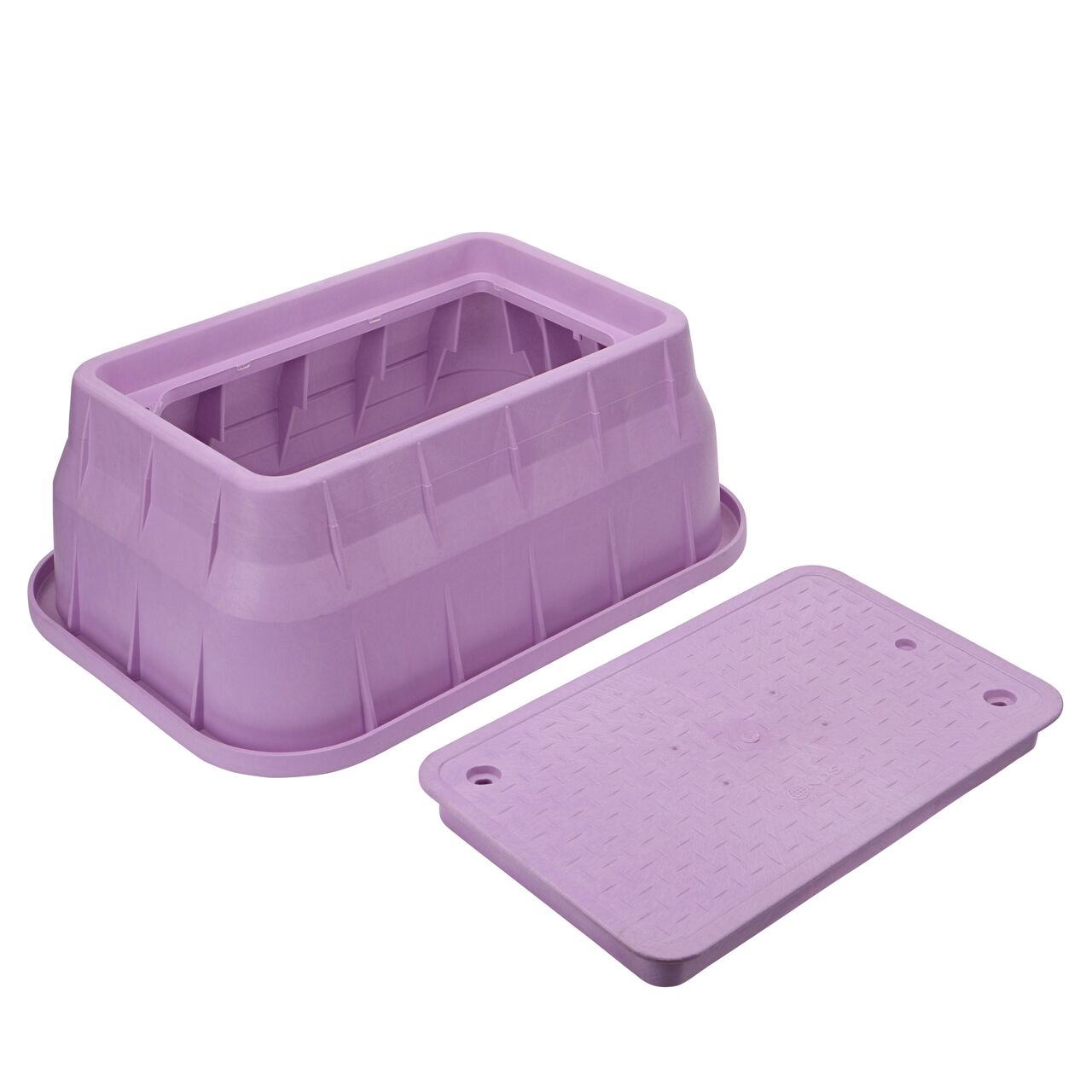 Unassembled View of the NDS 13 in. X 24 in. Purple Rectangular Pro-Spec® Series valve box, bolt, and Purple Reclaimed Water cover (NDS 322PBCBR)