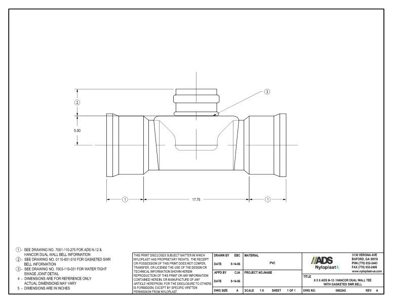 8 x 6 N-12 Dual Wall Tee with Gasketed SWR Bell Nyloplast Detail
