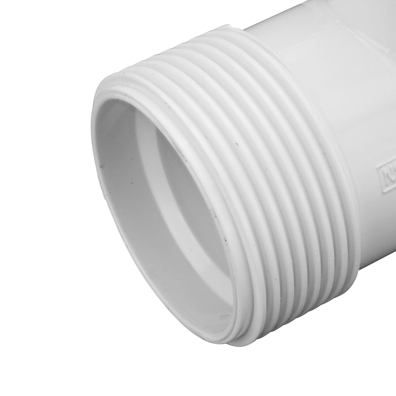 Closeup view of the NDS PVC Threaded Tees showing the compression end with 1 in. adjustable nuts removed and once installed provides a leak resistant connection (NDS CPT-1000-T)