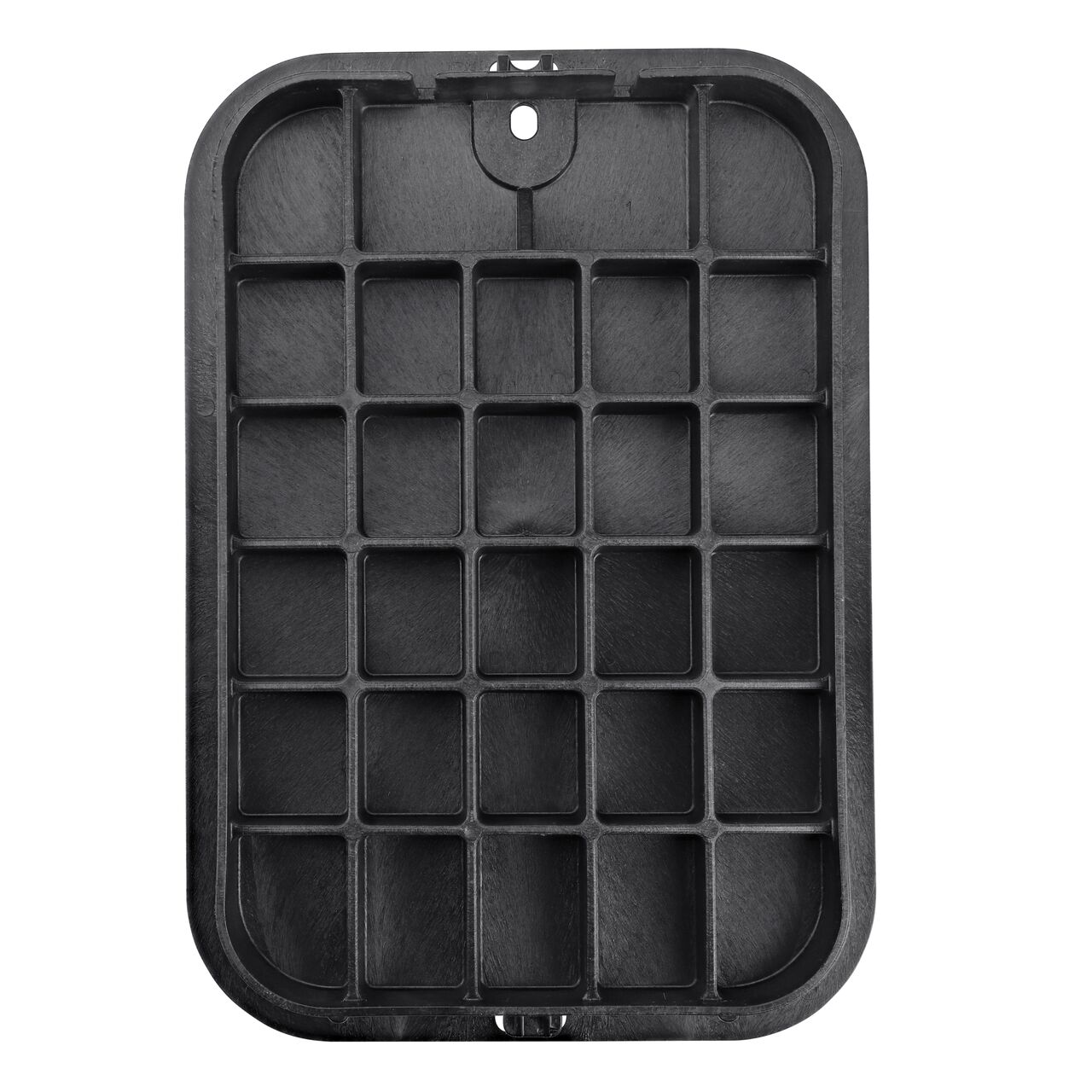 Top down view of the underside of the black reclaimed water cover (NDS 313CRBLK) for the NDS 14 in. X 19 in. Rectangular Pro-Spec® Series valve box showing reinforcing ribs that help support pedestrian and lawn care equipment