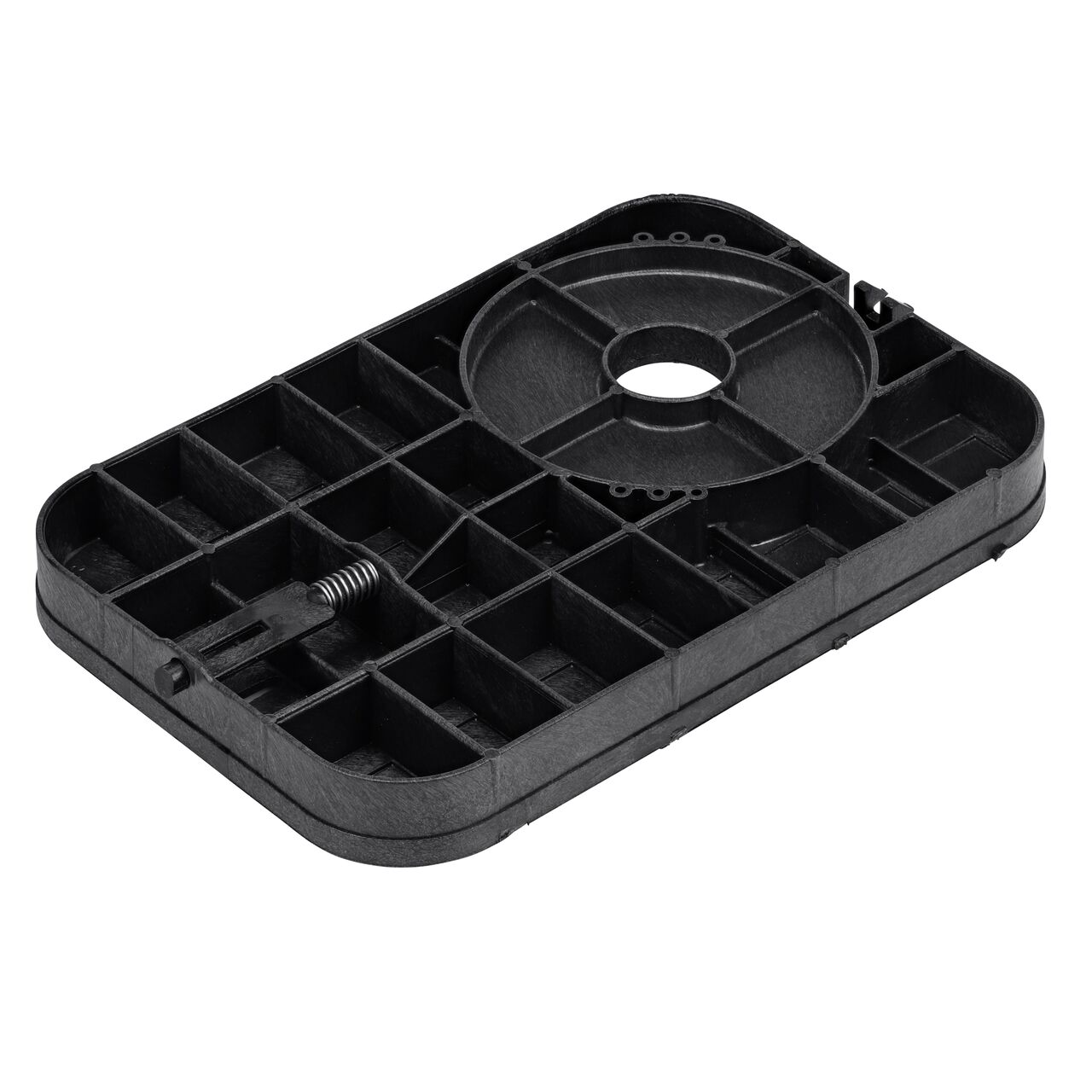 Angled view of the underside of the NDS Black Drop-in AMR locking Water Meter Cover (NDS D12-TAMRL) with 2 in. touch reader hole showing reinforcing ribs that help support pedestrian and lawn care equipment
