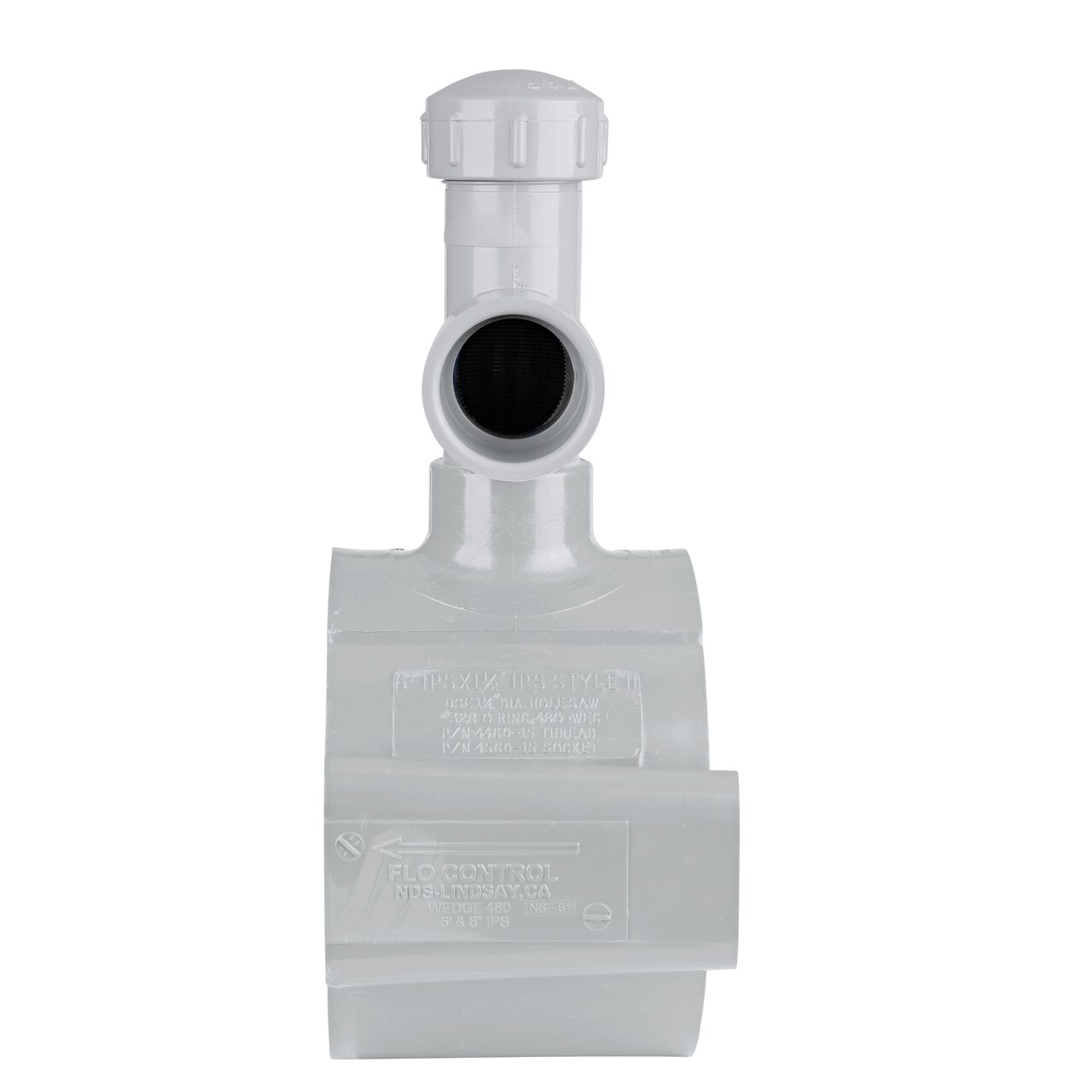 Side view showing patented wedge design and water flow on the 6 in. NDS Flo-Tap™ Rigid PVC Saddle with a 1-1/2 in. Socket or 2 in. spigot connection on top (NDS 3260)